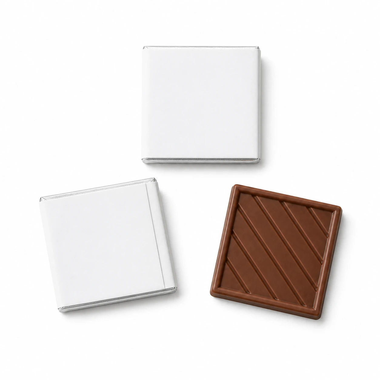 Milk chocolate squares with custom printed wrappers